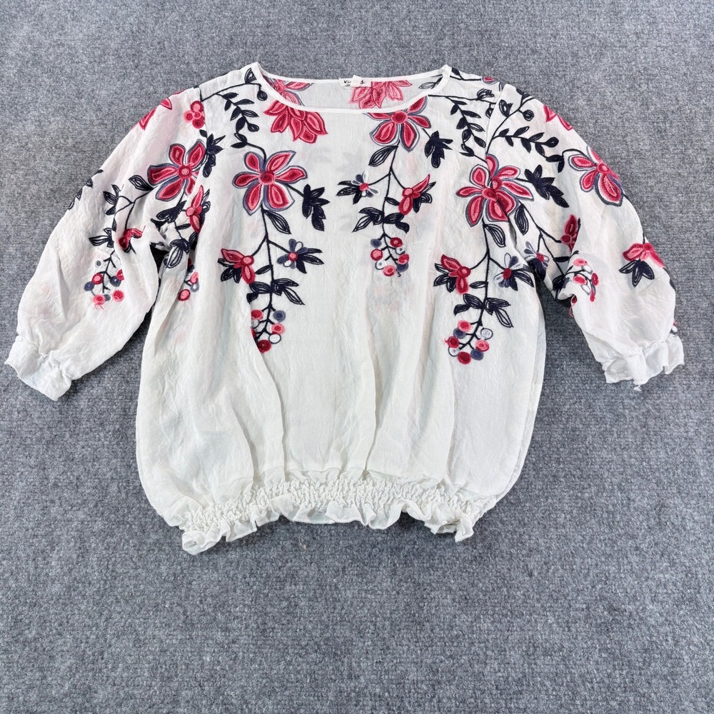 Floral Embroidered Smocked Hem Peasant Red Blue Boho Blouse Cottagecore Large